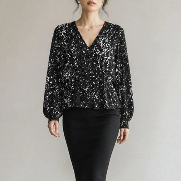 The Kooples Tops - The Kooples Paint Splatter Peplum Blouse Black White Size 1 Small